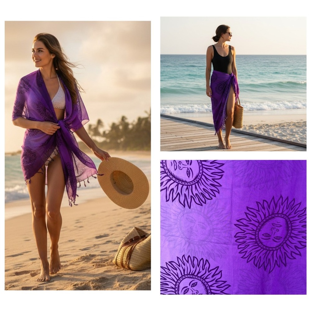 Rima Sarong Wrap‎ Womens OS Purple Celestial Sun Face Fringe Beach Coverup Boho
